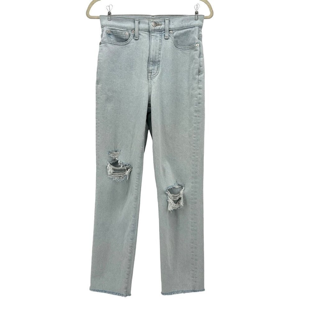 Madewell The Momjean Ripped Raw Hem High Rise Light Denim Mom Jeans Womens 25